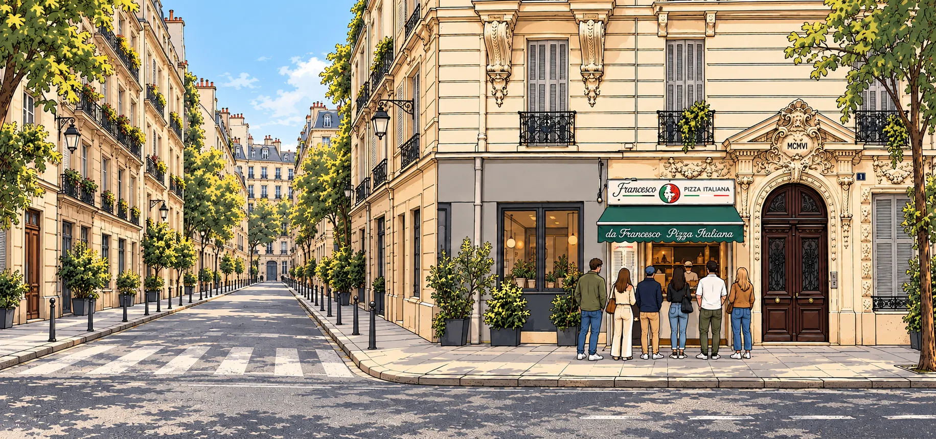 Illustration of the Da Francesco take-away counter in Nice with people queuing under the green awning