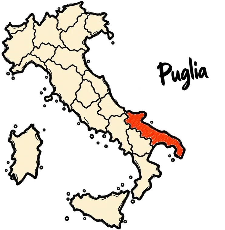 Map of Italy with Puglia highlighted, Francesco's home region