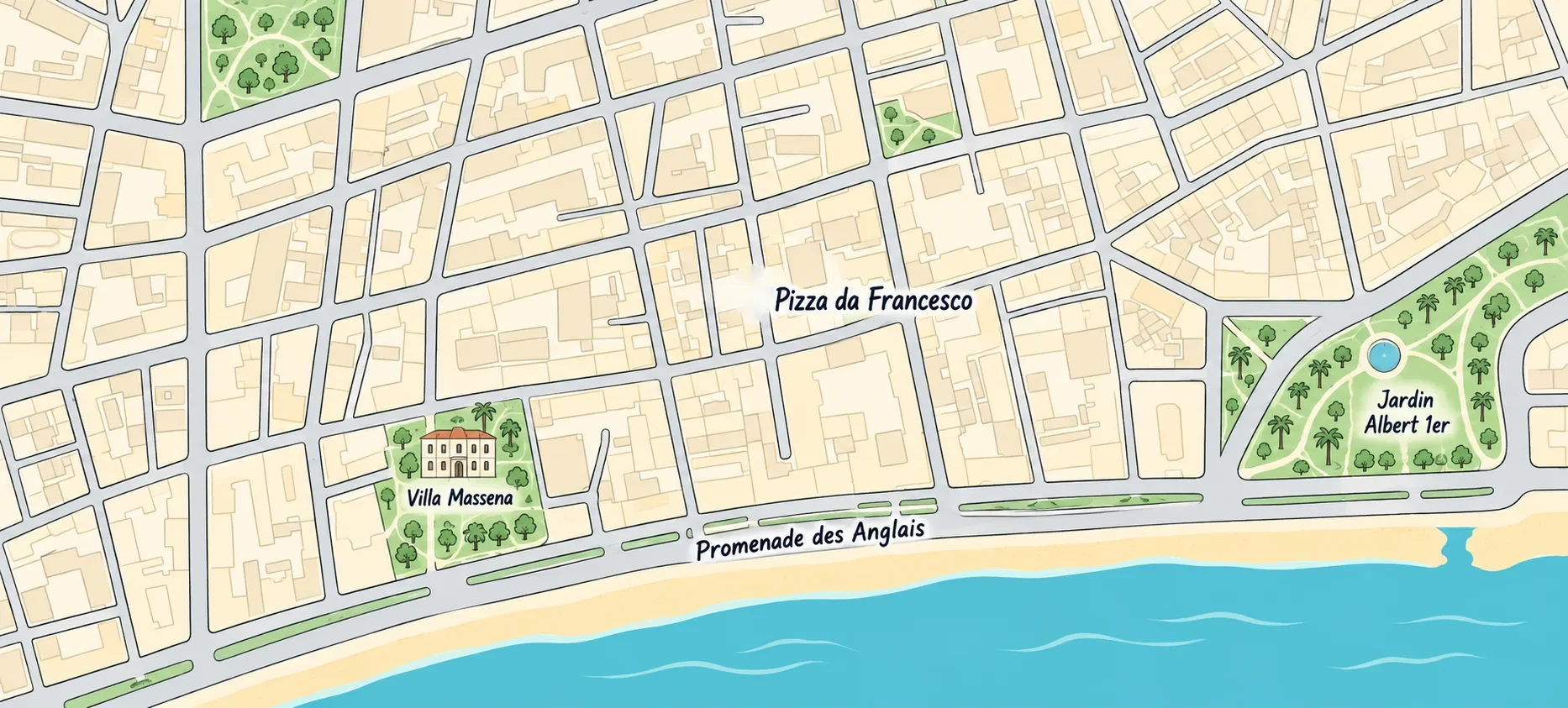 Illustrated map of central Nice showing Pizza da Francesco between Villa Massena, Jardin Albert 1er and the Promenade des Anglais