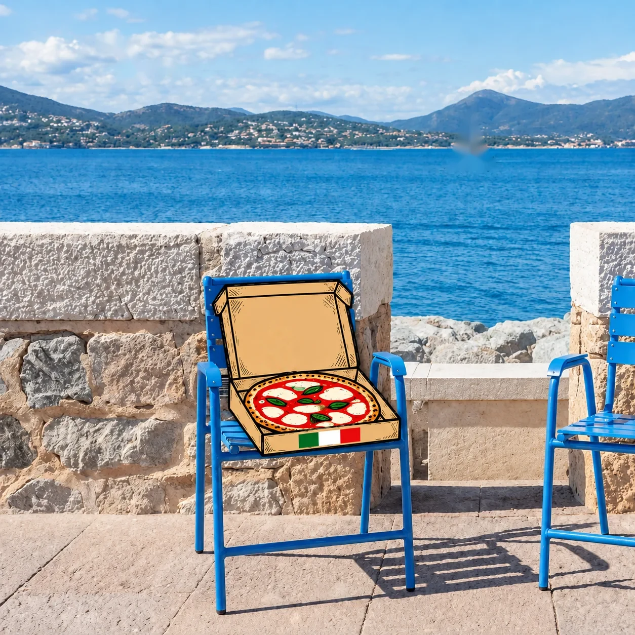 A Da Francesco pizza box open on a blue chair facing the sea